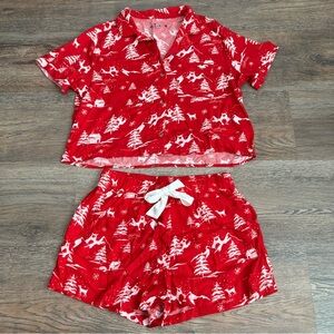 ❄️ Hollister Red Winter Flannel Pajama Set Size Medium Cozy Button-Up & Shorts